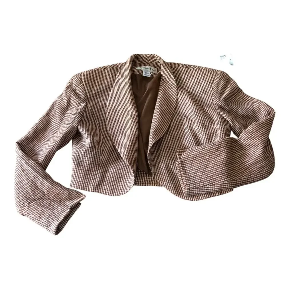 Christian Dior Vintage Cropped Houndstooth Blazer Made USA Rayon Wool Sz 2